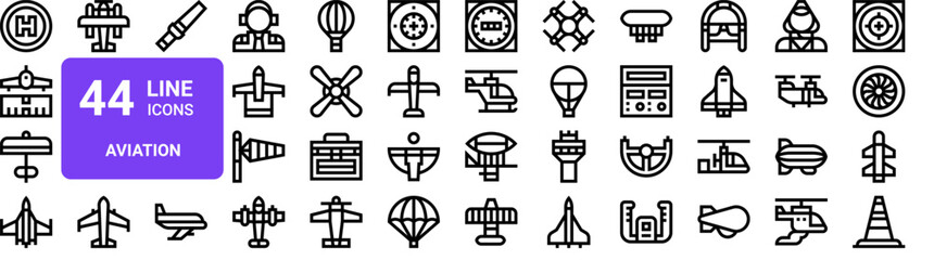Set of 44 thin line aviation and airport icons. Heliport, runway, ultralight, helicopter, drone, aircraft, flight elements. Vector illustration pack © MacroOne