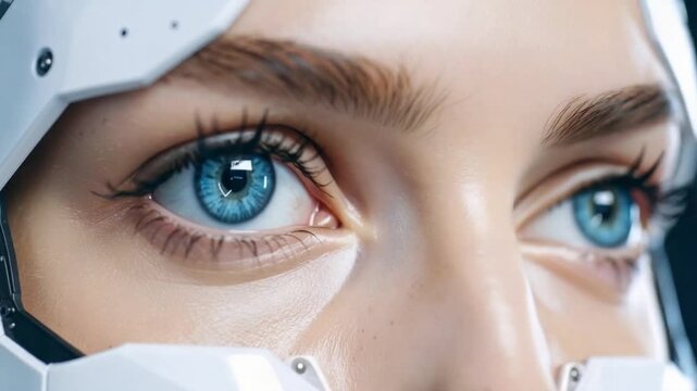 Close-up of a blue eye with futuristic cybernetic headwear