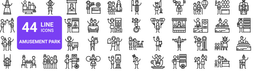 Set of 44 thin line amusement park and circus icons. Outline vector illustration with balloons, clown, rides, attractions, carnival games, food stands © MacroOne
