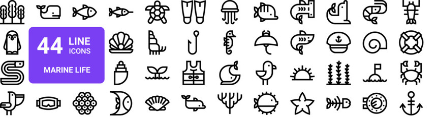 Set of 44 thin line marine and ocean life icons including seaweed, penguin, eel, dolphin, whale, shark, jellyfish. Vector outline illustration pack © MacroOne