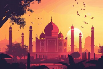 Naklejka premium Vivid artistic illustration of Taj Mahal, Agra at sunset