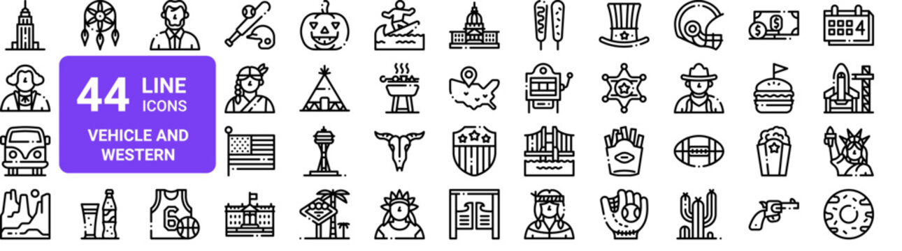 Set of 44 thin line web icons, vehicle and western theme pack. Vector outline symbols including spaceship, cowboy, sheriff, capitol, surfing, baseball elements