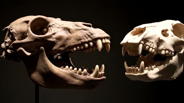 Comparison of two animal skulls with sharp teeth on display.
