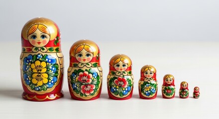 set of traditional russian matryoshka dolls in descending order on a light wooden surface