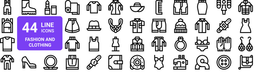Set of 44 thin line fashion and clothing icons. Apparel, accessories, wardrobe items. Outline vector illustration pack for web and digital design © MacroOne