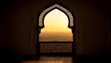 Fototapeta premium View through a traditional Islamic archway at sunset, framing a hazy cityscape with warm golden light and intricate geometric patterns.