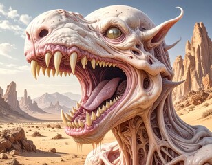 Naklejka premium Beast monster with pale skin, reptilian eyes, and open mouth in a rocky desert