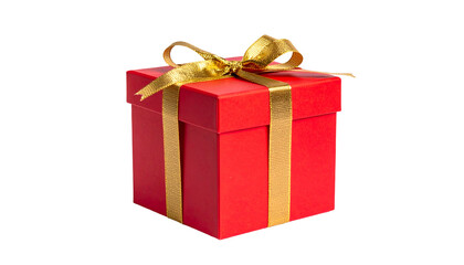 Fototapeta premium Red gift box with gold ribbon tied in a bow, set against a transparent background