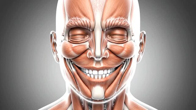 Detailed anatomical illustration of a smiling man's facial muscles.