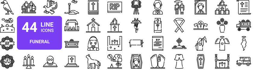 Set of 44 thin line funeral and memorial icons. Crow, graveyard, wreath, coffin, cemetery, church, grave. Outline vector illustration pack