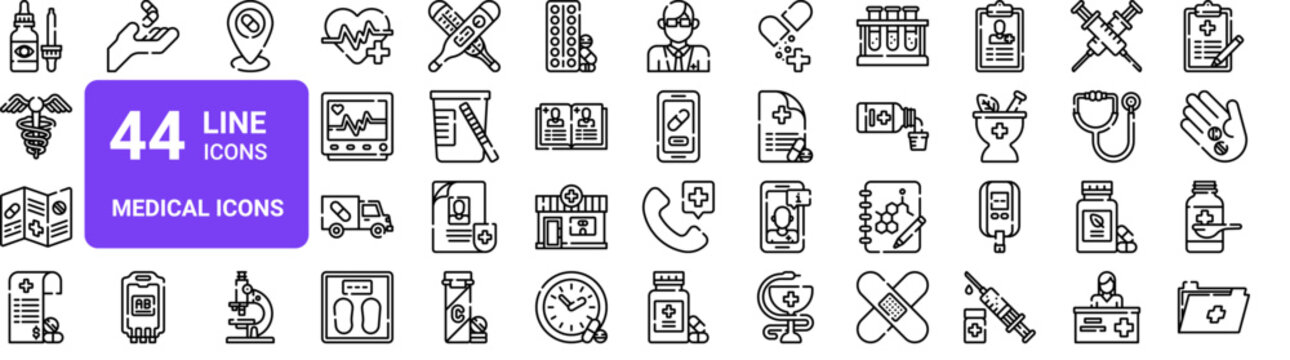 Set of 44 thin line medical and healthcare web icons including eyedropper, caduceus, pharmacy tools. Vector illustration with stroke outline style