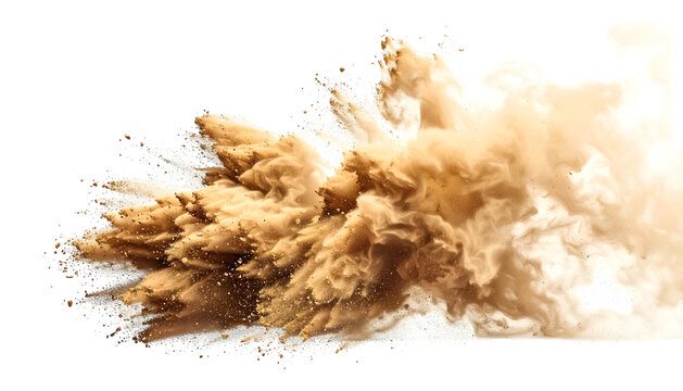 Cloud of dust erupting into the air against a black backdrop, showcasing a beige explosion