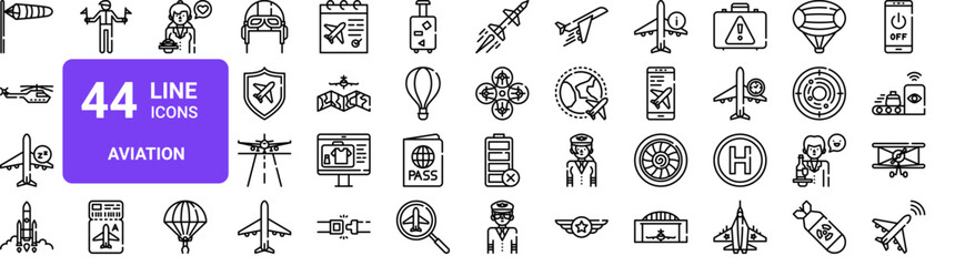 Set of 44 thin line aviation and airport icons including airplane, helicopter, drone, passport, suitcase. Vector illustration with editable stroke © MacroOne