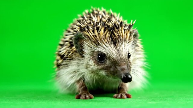 Small African pygmy hedgehog facing forward on a vibrant green studio background