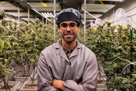 Cannabis farm worker smiles amid a thriving indoor crop.
