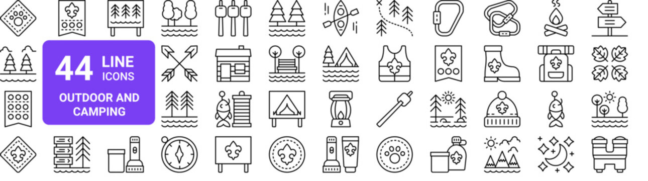 Set of 44 thin line outdoor camping and nature icons including animal, forest, hiking, and scout rank symbols in vector format