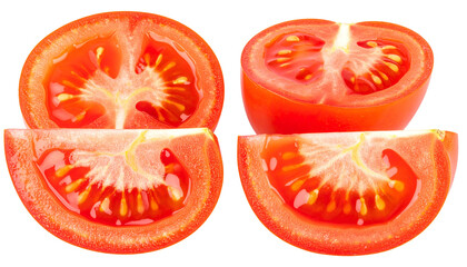 Four tomato slices reveal the fleshy interior, seeds, and vibrant red skin