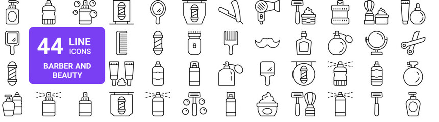 Set of 44 thin line barber and beauty icons. Scissors, razor, comb, hairdryer, mirror, perfume vector illustration pack for web design