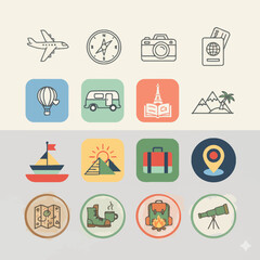 Fototapeta premium Illustrative vector icon set showcasing global travel, adventurous exploration, and vacation planning essentials for diverse digital and print design applications