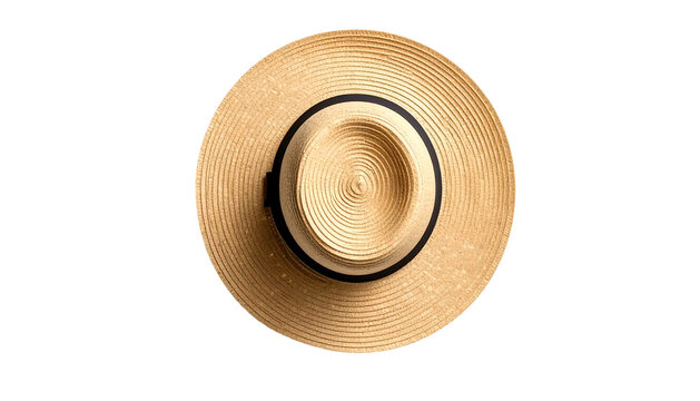 Overhead view of a woven sun hat with a dark band around the crown, set against black