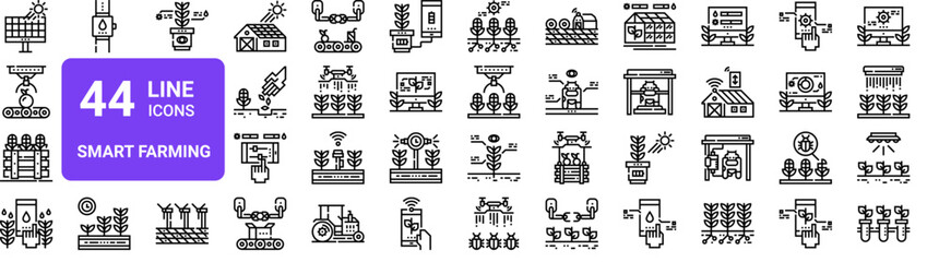 Set of 44 thin line smart farming and renewable energy icons including solar panels, tractors, harvest, conveyor, greenhouse. Vector outline illustration pack