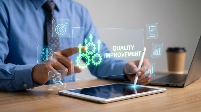 Quality and process improvement concept with businessman solving problems, enhancing organizational processes, implementing continuous improvement Represents Quality Improvement, Process Optimization
