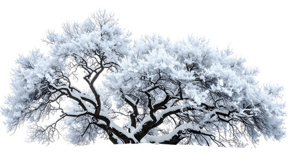 A large tree with frosted branches and snow-covered leaves, set against a black backdrop