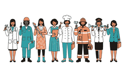 Fototapeta premium Diverse professionals standing together holding various work tools and equipment in colorful outfits