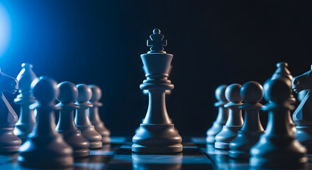 A lone king chess piece standing among pawns in a dramatic spotlight