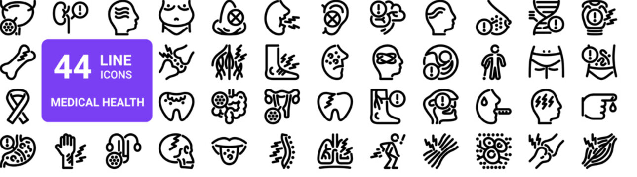 Set of 44 thin line medical health icons including cystitis, broken bone, injury, disease symptoms and conditions. Vector illustration in outline style