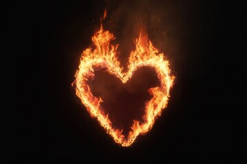 A fiery heart shape burns intensely against a dramatic black background.