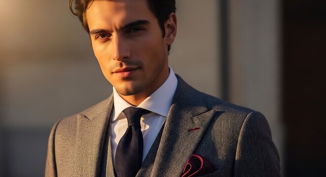 Elegant man in a tailored suit with a dark tie and pocket square, looking confidently forward
