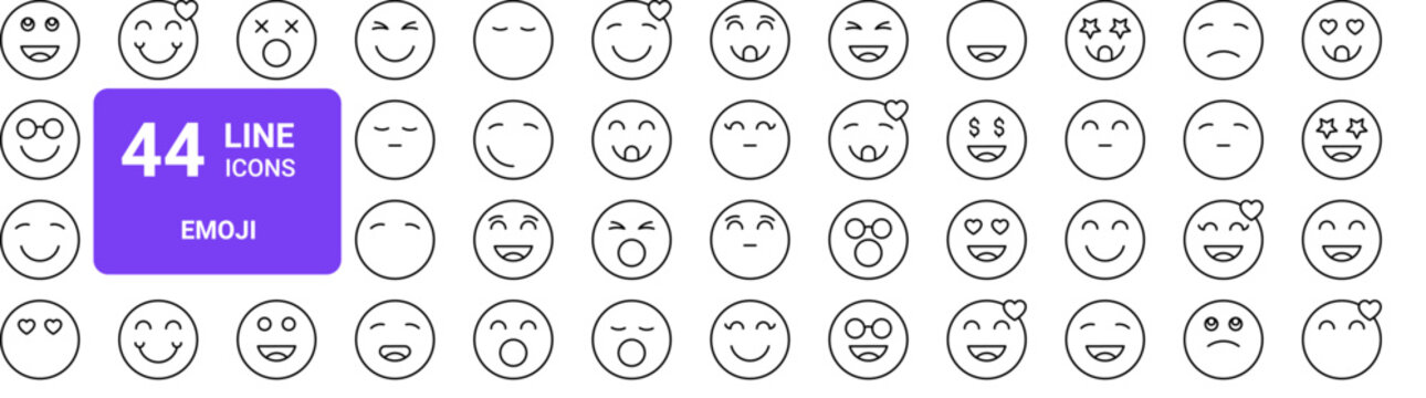 Set of 44 thin line emoji emoticon icons. Happy, sad, nerd, love, laughing expressions. Vector outline illustration pack for web and app design