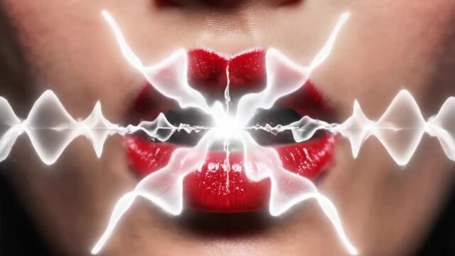 A close-up of a woman's mouth with red lipstick and a glowing white sound wave emanating from her lips