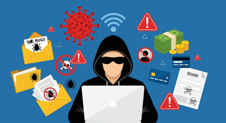 Hacker accessing sensitive information on laptop surrounded by warning signs and malware symbols in a digital environment © Professor