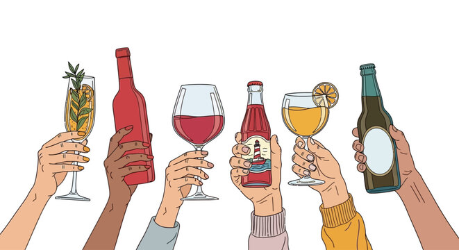 Diverse hands holding various drinks and bottles in a toast, showcasing different beverages and glasses in a celebratory gathering