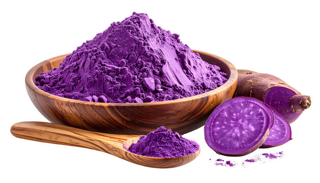 Purple sweet potato powder in a wooden bowl and on a spoon with sliced roots