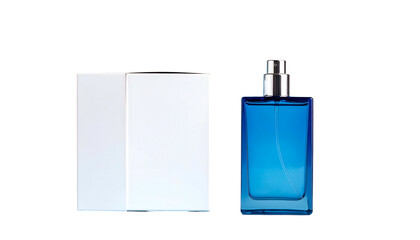 Blue fragrance bottle and matching white box against a black background