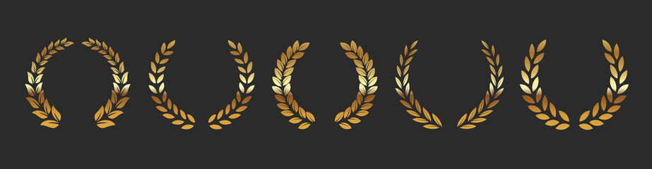 Gold laurels set. Foliate golden laurels branches. Laurel wreath silhouette. Trophy crest. Greek olive branch award, winner emblem. JPG image © Angela Ksen