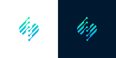 Modern Digital S Letter Logo Design with Circuits and Dots, Blue and Green Gradient on White and Dark Backgrounds