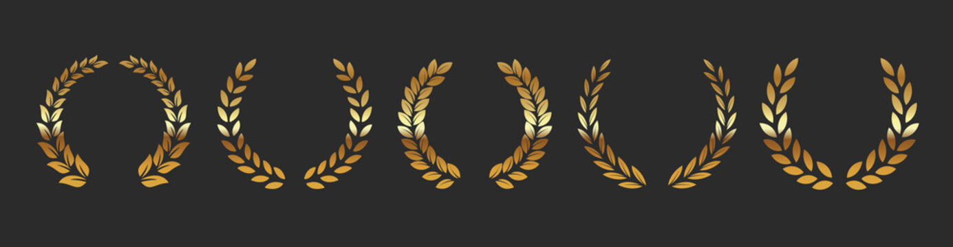 Gold laurels set. Foliate golden laurels branches. Laurel wreath silhouette. Trophy crest. Greek olive branch award, winner emblem. JPG image