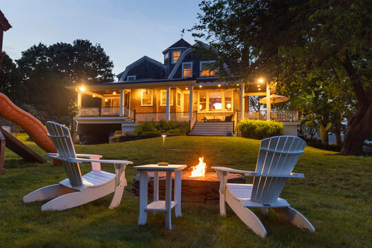 Backyard fire pit  sunset nobody home porch 