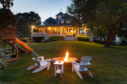 Backyard bonfire sunset nobody house 
