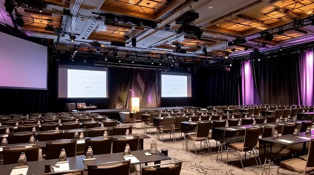 Conference Hall with Tables and Screens.