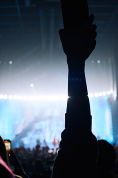 Concert audience celebrating with raised hands at evening show