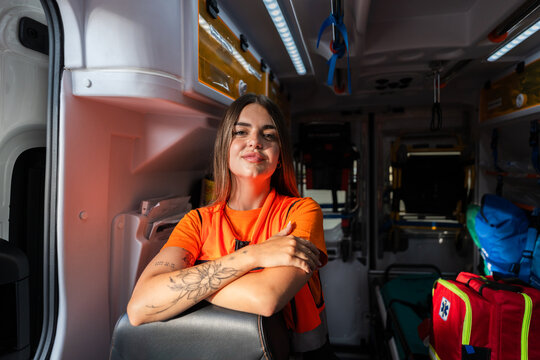 Paramedic inside an ambulance with medical equipment