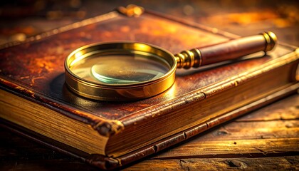 Magnifying glass placed on antique book representing investigation research and depth of knowledge concept