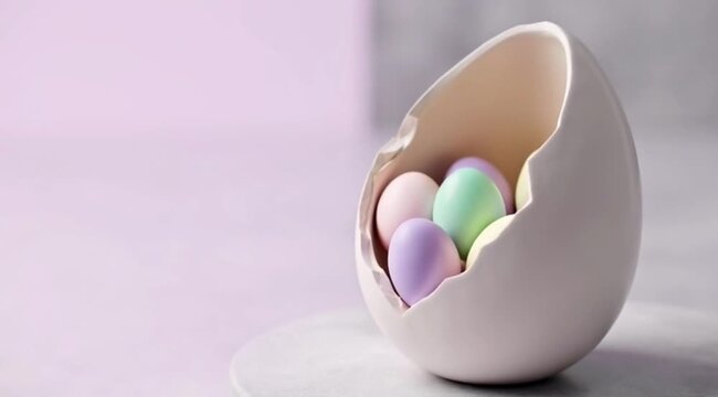 Large Broken Egg Shell Containing Small Pastel Colorful Eggs Multi-level Growth and Incubation 3D Render