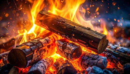 Close up of burning logs with bright flames representing heat energy fire power and primal nature element