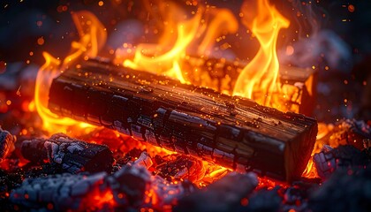 Burning firewood with vivid flames and sparks illustrating warmth rustic energy and elemental fire concept